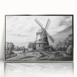 Framed acrylic wall art showcasing a serene landscape with windmills, featuring a silver frame that enhances the modern aesthetic, perfect for home decor.