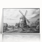 Framed acrylic wall art showcasing a serene landscape with windmills, featuring a white border and a sleek design, perfect for home decor enhancement.