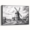 Framed canvas wall art displaying a vibrant landscape with windmills, featuring a black frame that enhances the overall aesthetic, perfect for home decor.