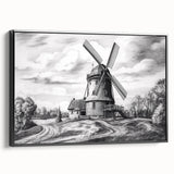 Framed canvas wall art displaying a vibrant landscape with windmills, featuring a black frame that enhances the overall aesthetic, perfect for home decor.