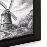 Framed canvas wall art featuring a close-up of a picturesque landscape with windmills, showcasing vibrant colors and intricate details, perfect for home decor.