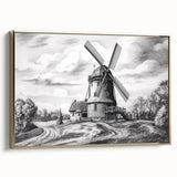 Framed canvas wall art featuring a serene landscape with windmills, presented in gold tones, ideal for adding elegance to home decor. The artwork captures a peaceful rural scene, enhancing the ambiance of any room.