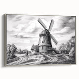 Framed canvas wall art showcasing a serene landscape with windmills, featuring a silver frame, ideal for modern home decor. Perfect for adding a touch of elegance to any room.