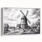 Framed canvas wall art depicting serene landscapes with windmills, showcasing a white frame and side view, perfect for modern home decor.
