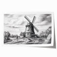 Vibrant rolled wall art print showcasing a serene landscape with windmills under a blue sky, designed to enhance home decor and create a calming atmosphere.