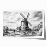 Vibrant rolled wall art print showcasing a serene landscape with windmills under a blue sky, designed to enhance home decor and create a calming atmosphere.