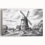 Stretched canvas wall art featuring a serene landscape with windmills and rolling hills, showcasing vibrant colors and intricate details, perfect for home decor.