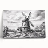 Canvas wall art featuring a serene landscape with windmills, presented in a stylish, modern design. The artwork leans against a neutral-colored wall, enhancing its aesthetic appeal and inviting a sense of tranquility to any space. Perfect for home decor enthusiasts seeking to elevate their interiors.