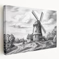 Stretched canvas wall art featuring a vibrant landscape with windmills under a blue sky, showcasing intricate details and rich colors, perfect for home decor.