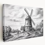 Stretched canvas wall art featuring a vibrant landscape with windmills under a blue sky, showcasing intricate details and rich colors, perfect for home decor.