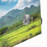 Close-up of an acrylic glass wall art piece displaying a vibrant landscape with windmills, showcasing rich colors and intricate details, perfect for home decor.