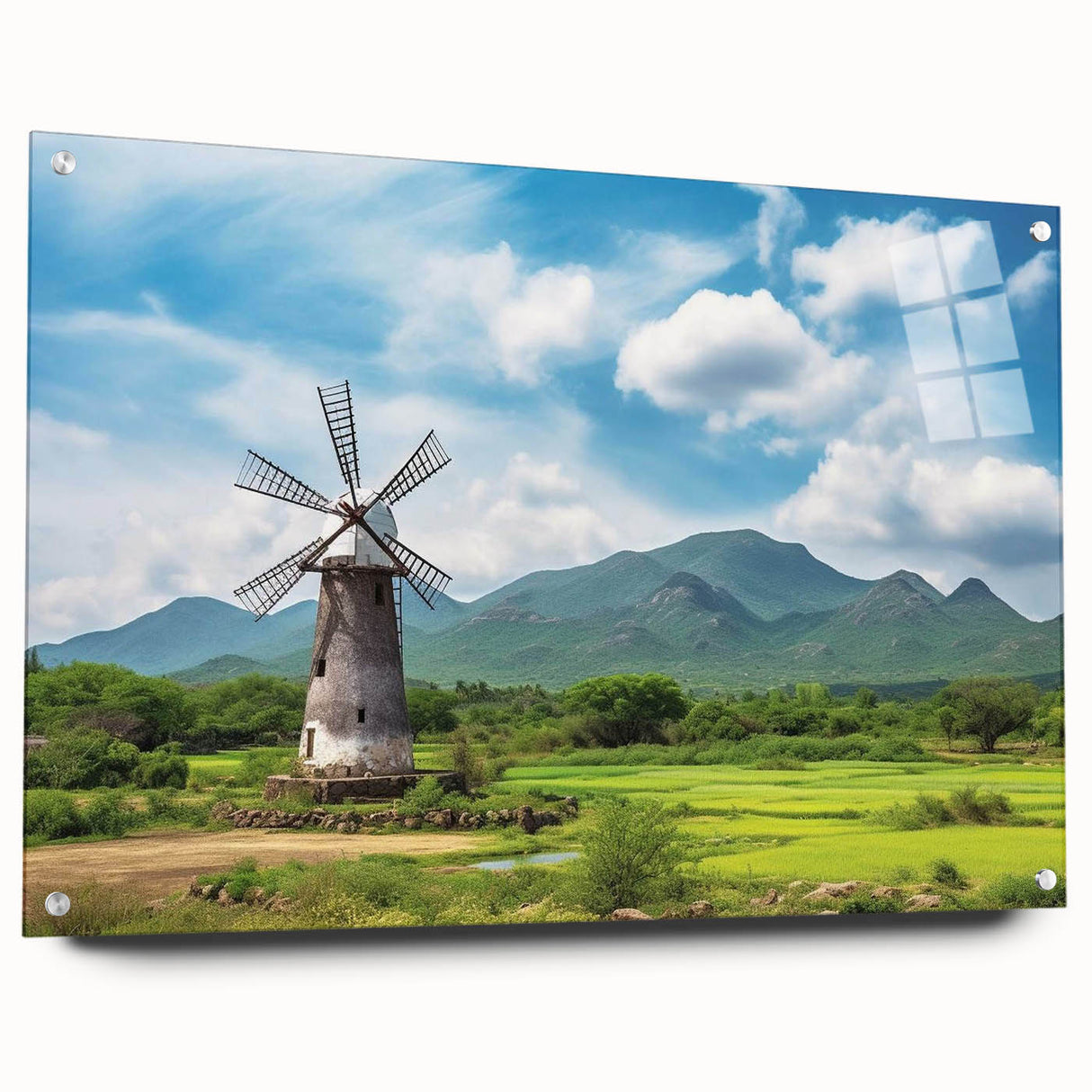 Acrylic glass wall art depicting colorful windmills set in a serene landscape, showcasing intricate designs and vibrant colors, perfect for home decor.