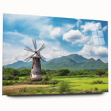 Acrylic glass wall art collection showcasing a vibrant landscape with windmills, displayed elegantly from a side view, perfect for modern home decor.