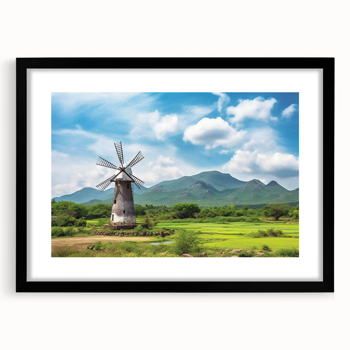 Framed wall art featuring a serene landscape with windmills, showcasing a vibrant blue sky and lush greenery. The black frame enhances the design, perfect for home decor.