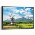 Framed wall art collection showcasing a scenic landscape with windmills, featuring a black side view, perfect for adding a modern touch to home decor.