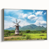 Framed wall art collection showcasing a serene landscape with windmills, featuring a modern silver frame. Ideal for adding elegance to home decor.