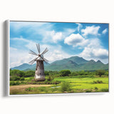 Framed canvas wall art depicting a serene landscape with windmills, showcasing vibrant colors and intricate details, perfect for home decor enhancement.