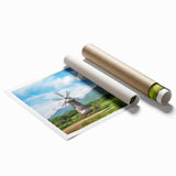 Vibrant wall art print showcasing a serene landscape with windmills against a colorful sunset, ideal for home decor and artistic enhancement, rolled for easy framing.