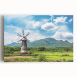 Stretched canvas wall art collection showcasing a vibrant landscape with windmills, emphasizing rich colors and intricate details, perfect for home decor.