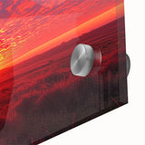 Close-up of a vibrant landscape wall art piece featuring windmills against a colorful sunset, printed on acrylic glass for a modern home decor accent.