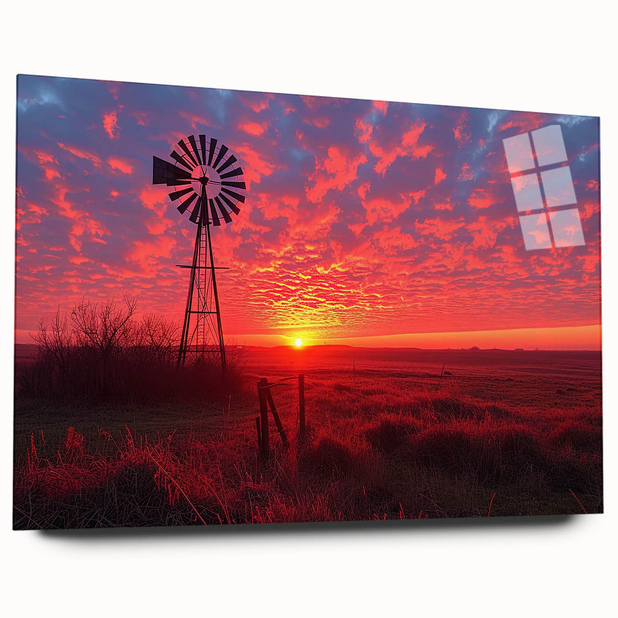 Acrylic wall art featuring a picturesque landscape with windmills, showcasing vibrant colors and intricate details, ideal for home decor enhancement.