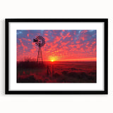 Framed wall art collection showcasing a serene landscape with windmills, featuring a black frame and mat, perfect for enhancing modern home decor.