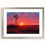 Framed wall art collection showcasing a serene landscape with windmills, featuring a silver mat and modern design, perfect for enhancing home decor.