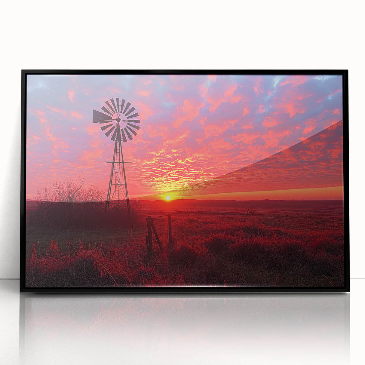 Framed wall art featuring a stunning landscape with windmills, designed in a contemporary style. The artwork is presented in a sleek black frame, ideal for modern home decor.