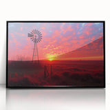 Framed wall art featuring a stunning landscape with windmills, designed in a contemporary style. The artwork is presented in a sleek black frame, ideal for modern home decor.