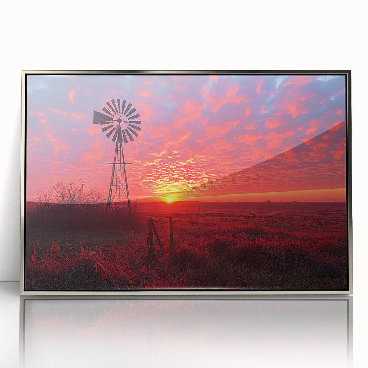 Framed wall art showcasing a serene landscape with windmills, featuring a silver frame and acrylic front for a modern touch, ideal for home decor.
