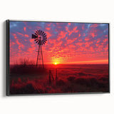 Framed canvas wall art showcasing a serene landscape with windmills, featuring a black frame and side view, perfect for enhancing modern home decor.