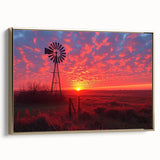 Framed canvas wall art showcasing a picturesque landscape with windmills, featuring a gold frame and vibrant colors, perfect for enhancing home decor.