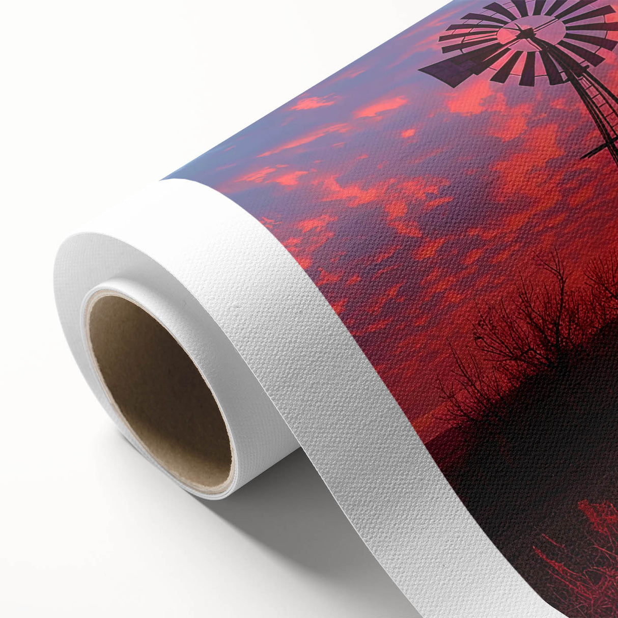 Colorful rolled canvas print showcasing a vibrant landscape with windmills against a sunset background, perfect for home decor or art collections.