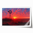 Rolled print showcasing a serene landscape with windmills at sunset, featuring vibrant colors and intricate details, perfect for home decor.