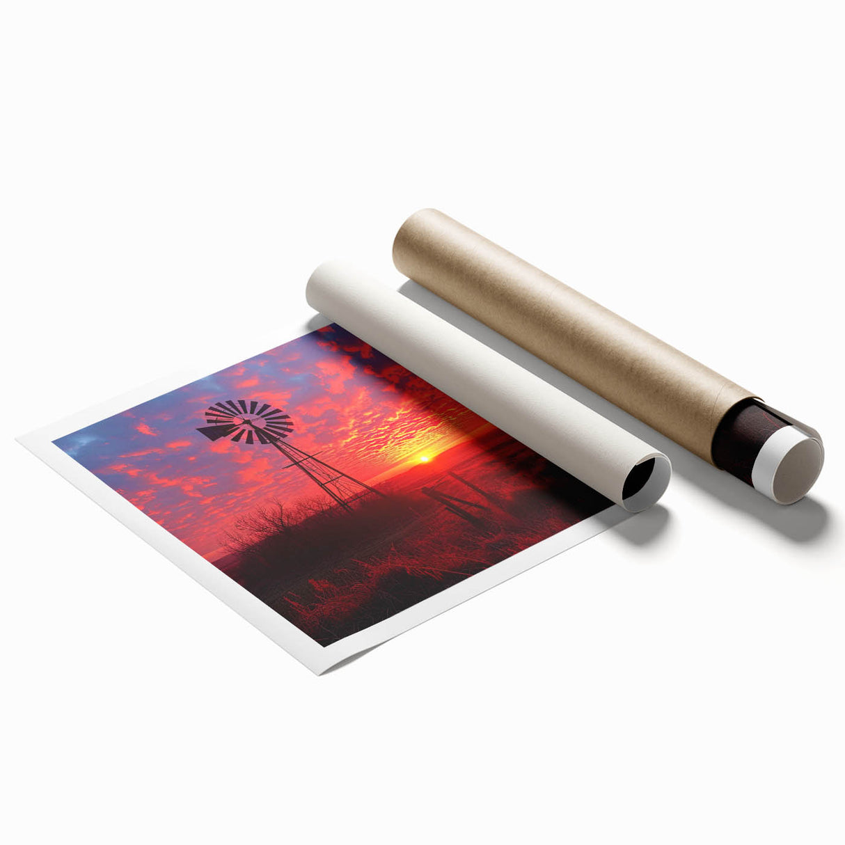 Rolled print showcasing a vibrant landscape design featuring iconic windmills in a serene countryside setting, perfect for home decor and artistic enhancement.