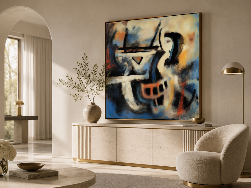 Luxury abstract figurative wall art in a modern living room with warm wood accents, neutral decor, and a refined high-end interior design.