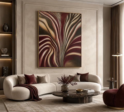Luxury floral botanical wall art in a modern living room with burgundy, cream, and neutral tones