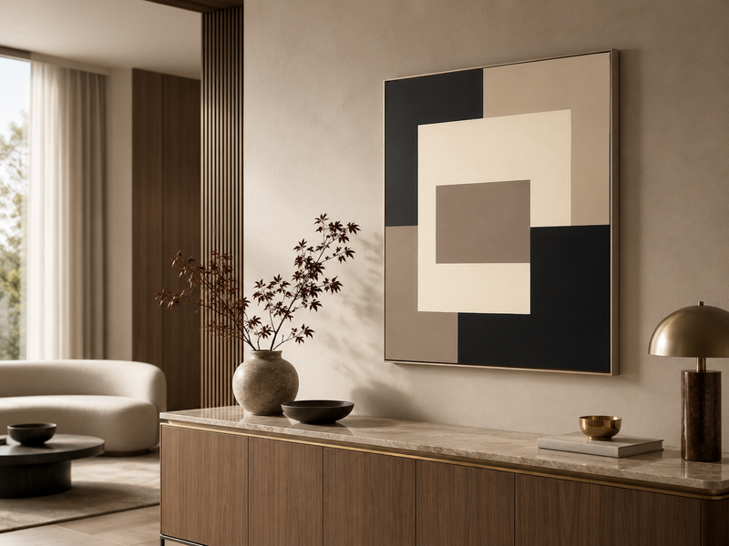 Luxury geometric abstract wall art in a modern neutral living room with warm beige tones, wood console, marble accents, and elegant high-end interior decor.