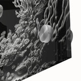 Close-up of a vibrant marine life coral design wall art collection, showcasing intricate patterns and colors on acrylic glass, perfect for ocean-themed decor.