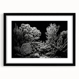 Framed wall art featuring a vibrant coral reef design with marine life, set in a sleek black frame and mat, ideal for ocean-themed decor.