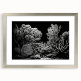 Framed wall art featuring a vibrant marine life coral design, showcasing colorful corals and aquatic details, presented in a sleek silver frame with a mat for an elegant finish.