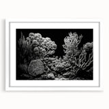 Framed wall art featuring a vibrant coral reef design with intricate marine life details, presented in a white mat, perfect for ocean-themed decor.