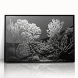 Framed acrylic wall art showcasing a vibrant marine life coral design with intricate details in blue and orange hues, ideal for ocean-themed decor.