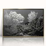 Framed acrylic wall art showcasing a vibrant marine life coral design in gold tones. Perfect for ocean-themed decor, adding a touch of elegance to any space.