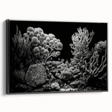 Framed canvas wall art showcasing a vibrant marine life coral design with colorful corals and fish against a black background, perfect for ocean-themed decor.