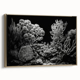 Framed canvas wall art showcasing a vibrant marine life coral design, featuring intricate details in shades of blue and gold, ideal for ocean-themed decor.
