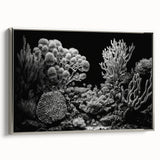 Framed wall art featuring a vibrant marine life coral design in shades of blue and orange, showcasing intricate details and textures, perfect for ocean-themed decor.