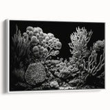 Framed wall art featuring a vibrant marine life coral design, showcasing colorful coral reef elements in a white frame, perfect for ocean-themed decor.