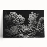 Vibrant coral reef wall art design on stretched canvas, showcasing intricate marine life details in shades of blue, orange, and green, perfect for ocean-themed decor.