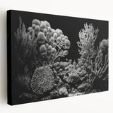 Vibrant coral reef wall art on stretched canvas, showcasing colorful marine life and intricate coral designs, perfect for ocean-themed decor.